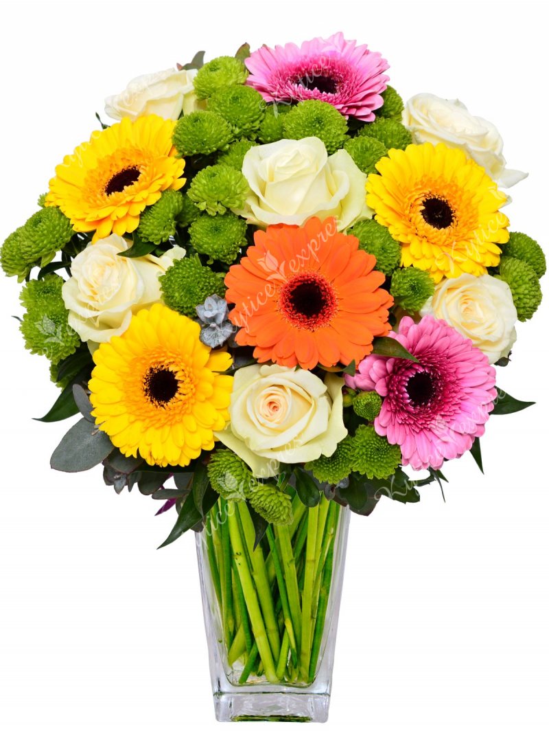 Color bouquet of gerber and roses - flower delivery