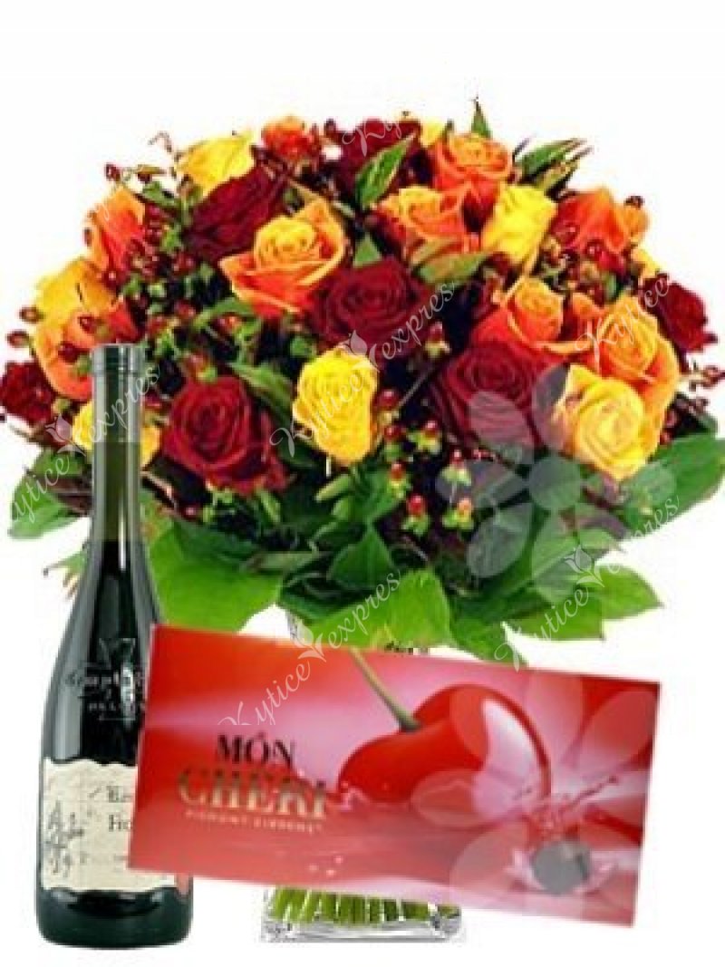 Set bouquets of Vanda, red wine and Mon Cheri