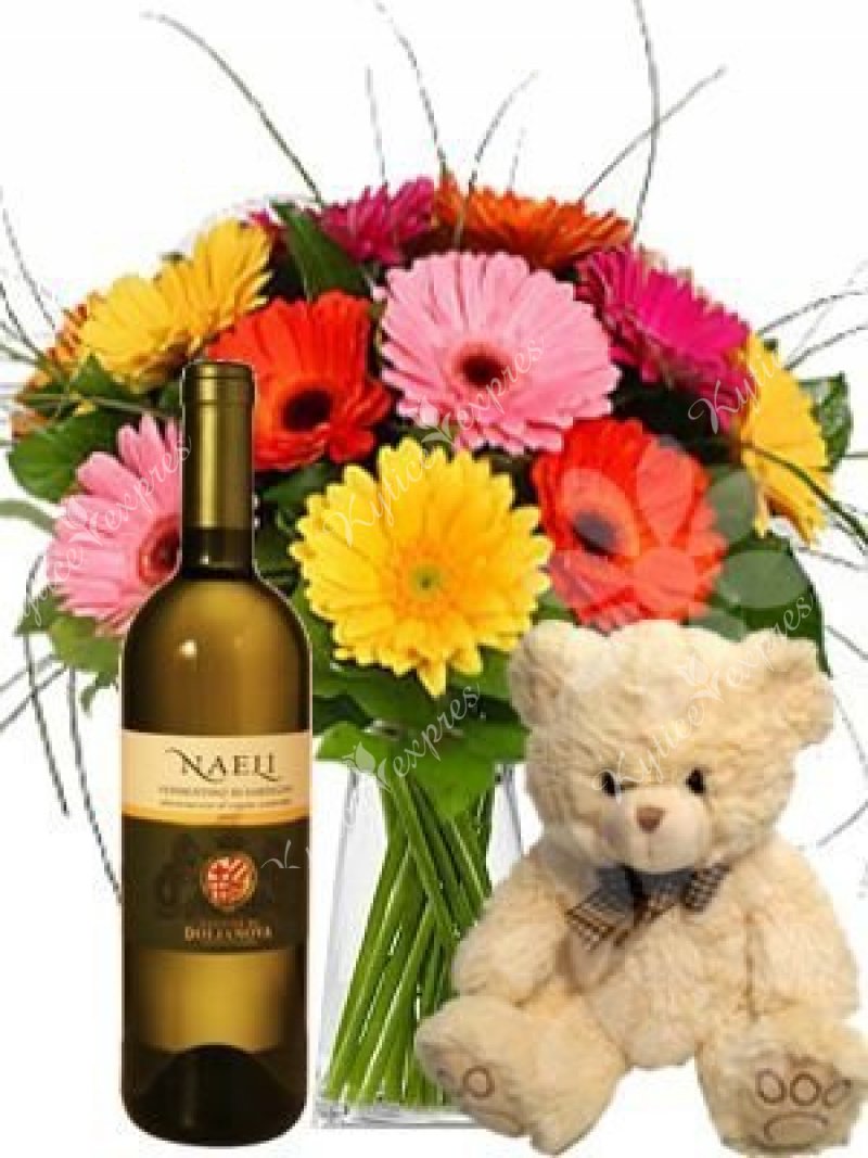 Gift set of Katrin bouquet, white wine bottle and teddy bear