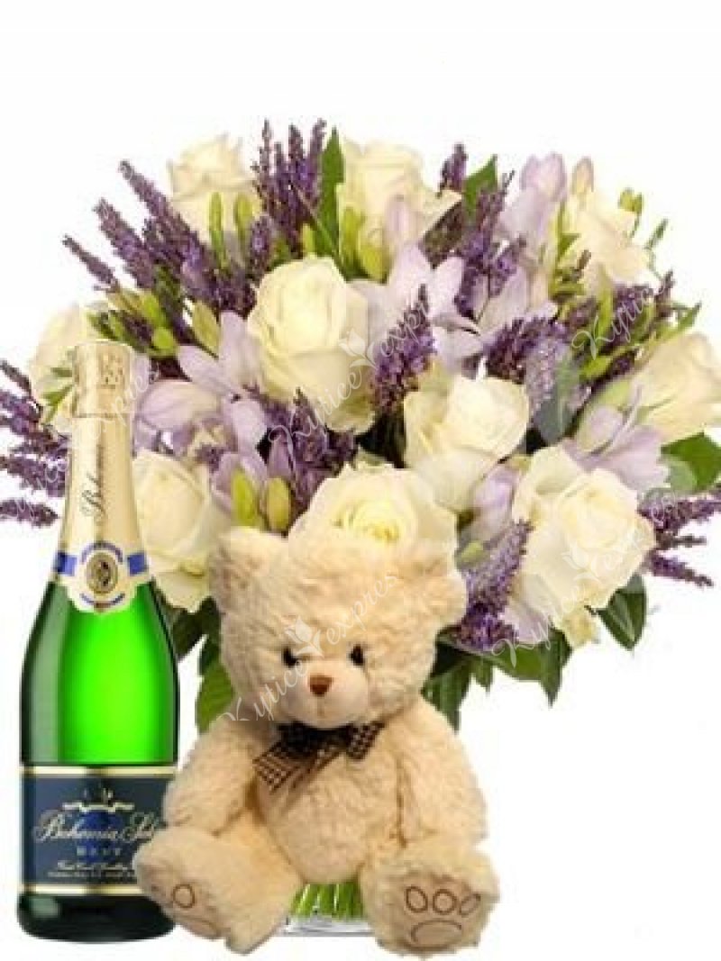 Set of fragrant bouquets Katrina, sparkling wine and teddy bear